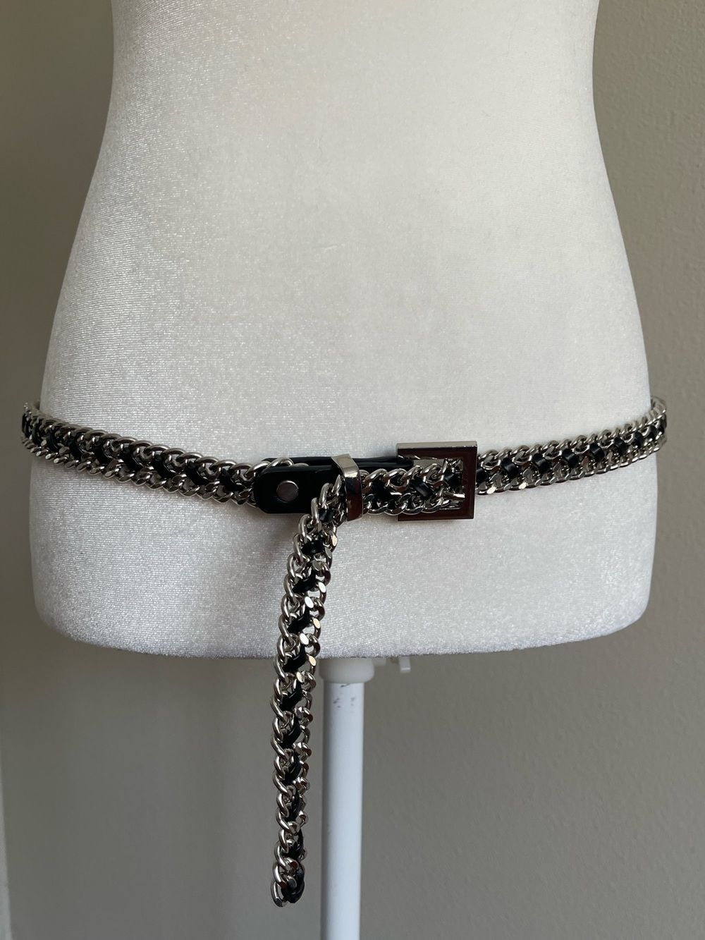Womens Silver Chain Link Belt with Black Leather Accent